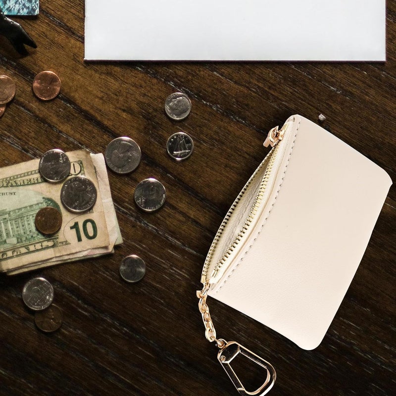 Veki Coin Purse Change Mini Purse Wallet With Key Chain Ring Zipper for Men Women Fashionable Bag Key Chain Pendant Leather Classic Clutch Purse (Solid color-White) - Image 2